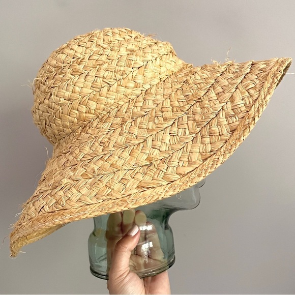 Vintage Natural Straw Raffia Floppy Large Brimmed Hat - O/S - Picture 3 of 6